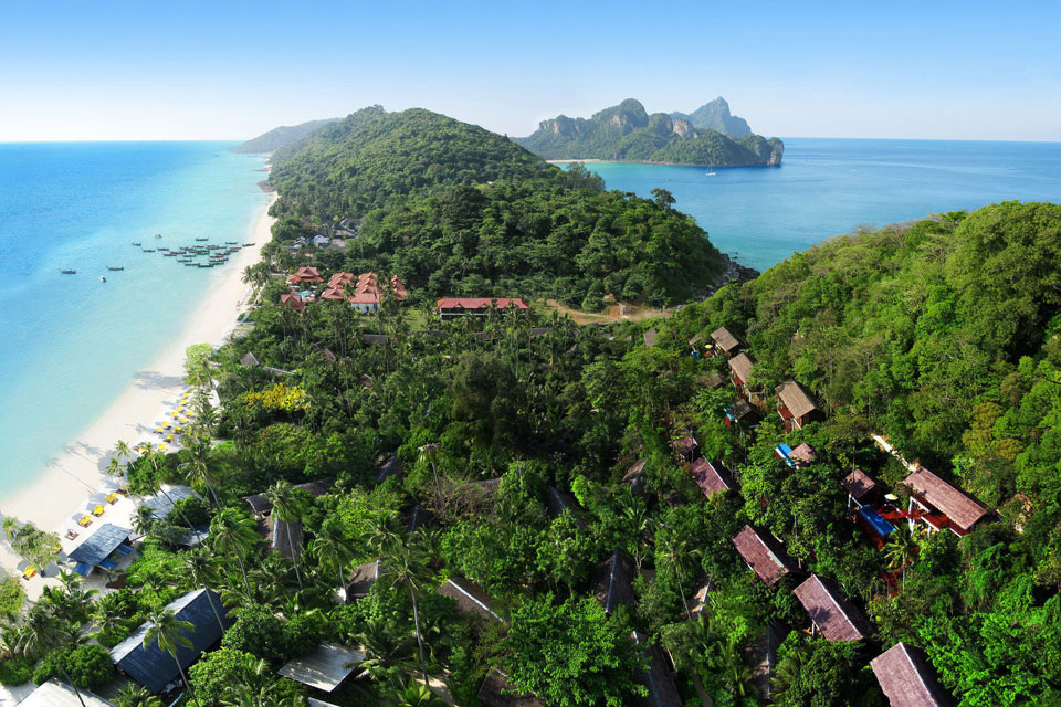 Aerial view of Phi Phi bay and cliffs